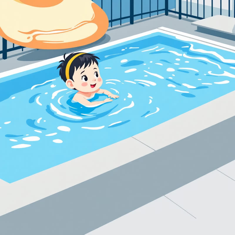 A little girl swimming happily in a swimming pool